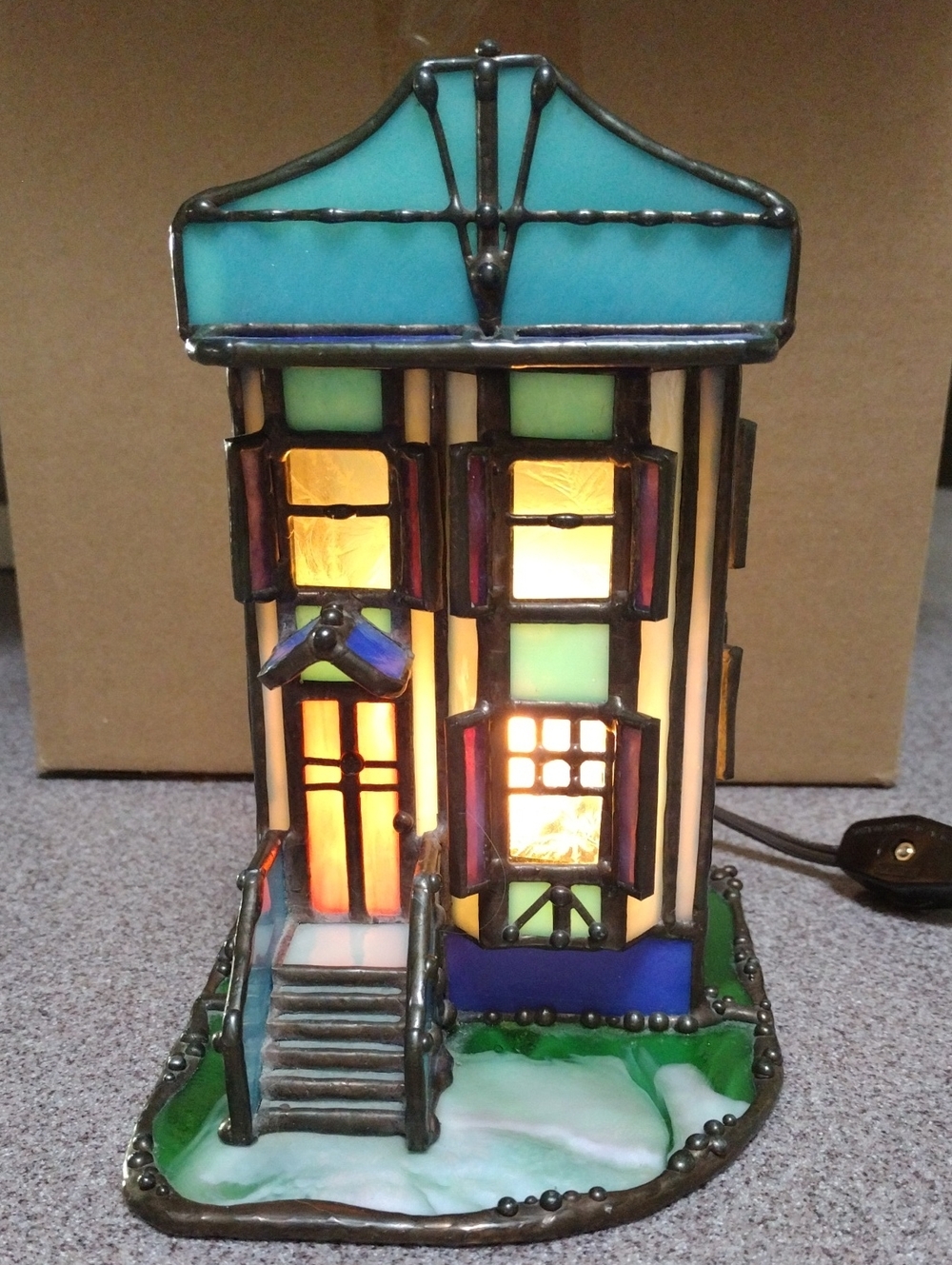 Vintage 1987 Handmade Stained Glass Townhouse Lighted Cottage - Carolyn Osten